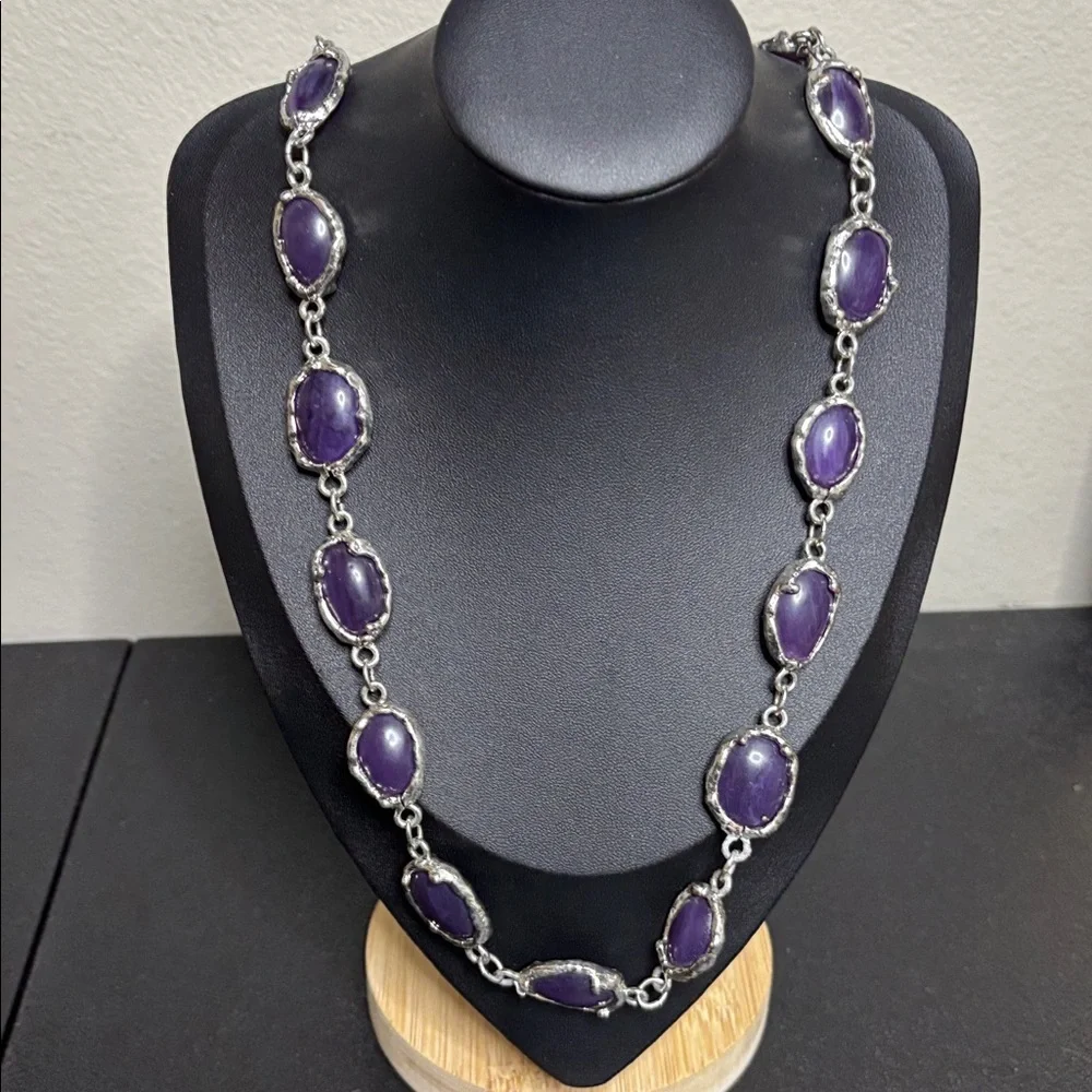 Purple Stone Linked Silver Tone Necklace Geometric Long Native American Western